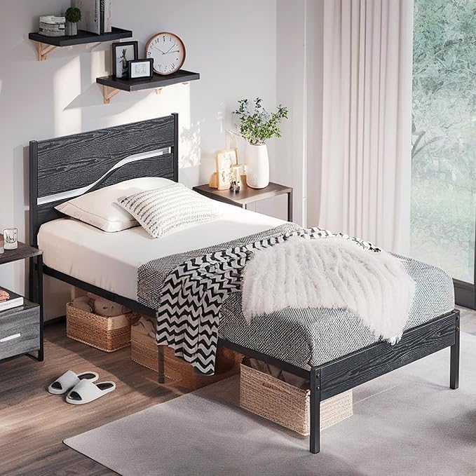 VECELO Twin Bed Frame with Wood Headboard, Solid and Strong Metal Support, No Box Spring Needed