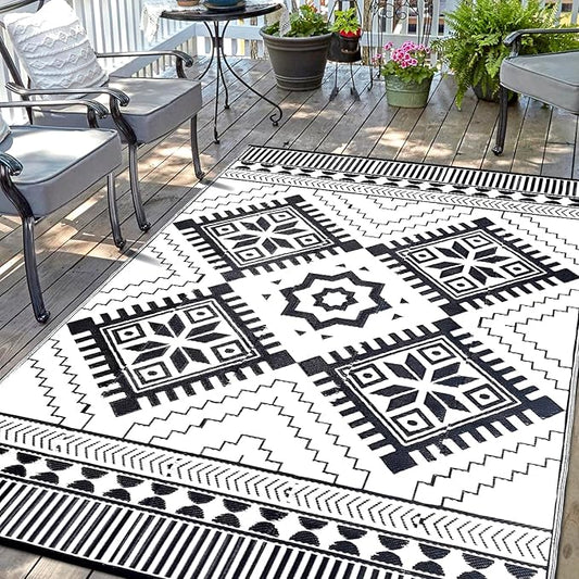 Waterproof Outdoor Rug 9x12ft, Boho Reversible Plastic Straw Mat for Patio RV Deck Porch Backyard Balcony Camping Picnic Beach Indoor Outdoor Carpet, Black&White