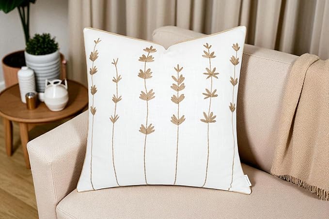 VAGMINE Hand Embroidered Daisy Accent Throw Pillow Cover - 18x18 Inches Square - 100% Cotton Ivory Decorative Cushion Cover for Couch, Sofa, Living Room - Textured Embroidery - Cozy Floral Home Décor