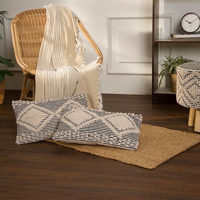 REDEARTH · Boho Textured Throw Pillow Cushion Covers- Lumbar Woven Tufted Decorative Farmhouse Cases Set for Couch, Sofa, Bed, Chair, Dining, Patio, Outdoor; 100% Cotton (12"x20", Gray) Pack of 2