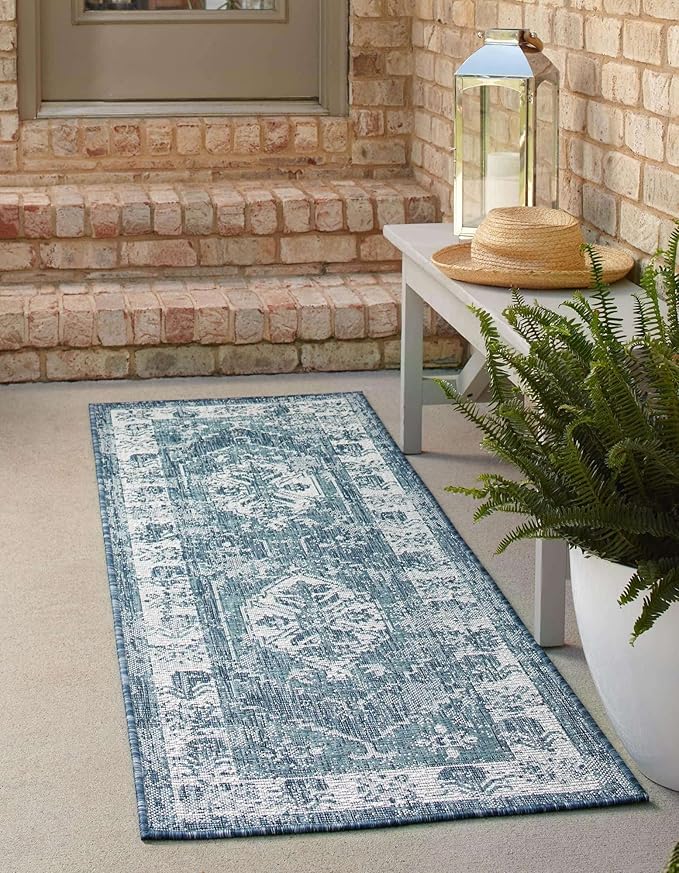 Unique Loom Outdoor Traditional Collection Area Rug - Valeria (2' x 6' 1" Runner, Blue/ Ivory)
