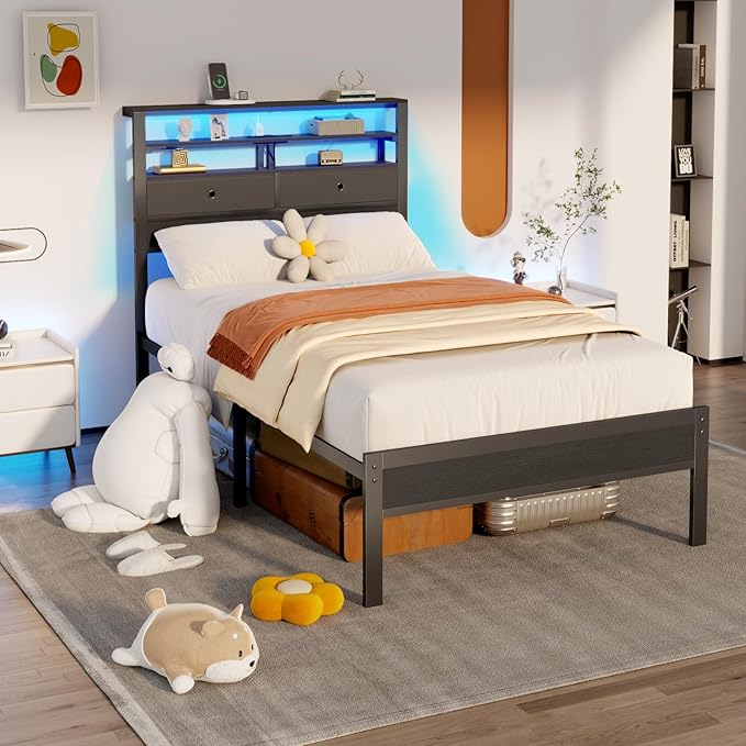 Furnulem Twin Bed Frames with Charging Station and LED Lights, Wood Headboard with 2 Fabric Drawers and Storage Shelves, Twin Size Platform Bed with Metal Slats, No Box Spring Needed, Black Oak