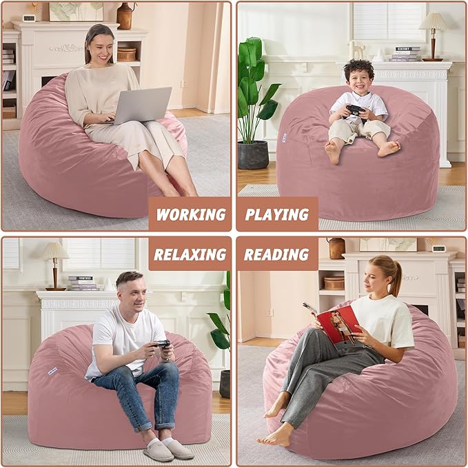 3FT Bean Bag Chair with Ultra Soft Velvet Cover Bean Bag Sofa with Memory Foam Bean Bag Chairs with Large Size Lazy Sofa for Dorm Office Living Room Bedroom Dusty Pink 3'