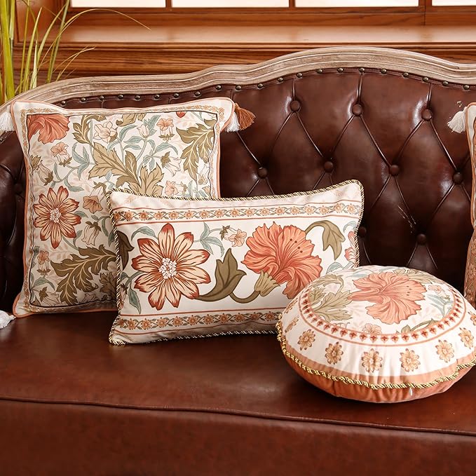 Throw Pillow Covers Pack of 4,Orange Floral Farmhouse with Wild Flowers Pattern Cozy Velvet Pillowcases,Decoration Square Lumbar Round Pillows Cushion Covers for Couch Bed Chair