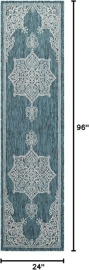Unique Loom Outdoor Traditional Collection Area Rug - Antique (2' x 8' Runner Teal/Ivory)