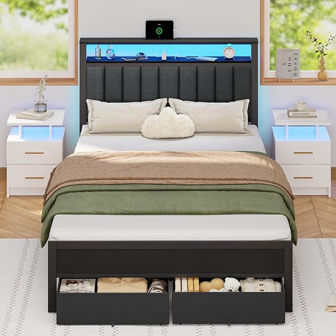Furnulem Full Size Bed Frame with Charging Station and LED Lights, Grey Upholstered Headboard with Shelves, Metal Platform Bed with 2 Under-Bed Storage (Fabric Drawer on Wheels), No Box Spring Needed