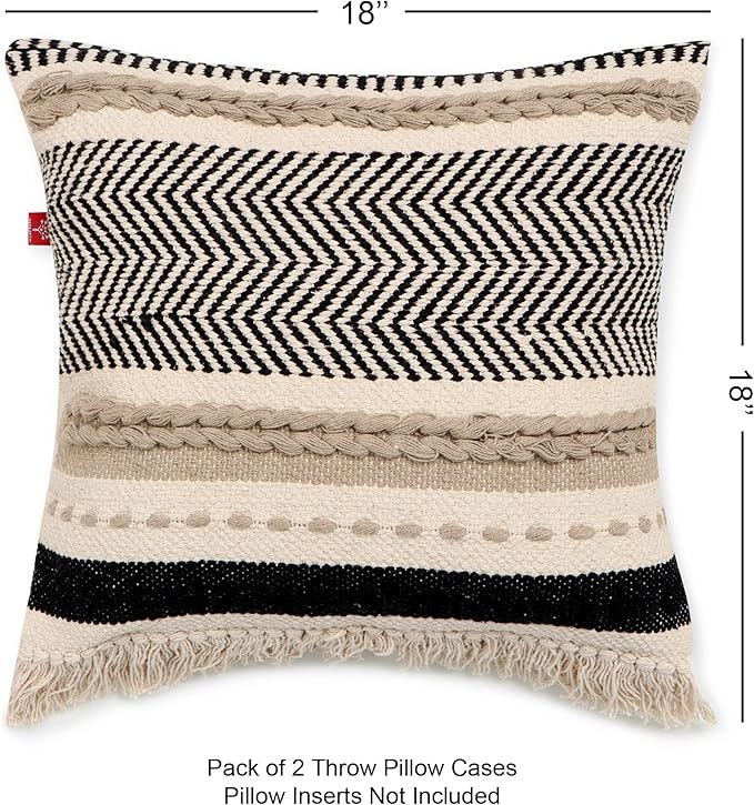 REDEARTH · Handmade Boho Throw Pillow Covers - Bohemian Chic Farmhouse Style - Accent Woven Indoor and Outdoor Pillow Cushion Cases for Couch, Bed, Chair, Sofa, Bench – Set of 2-18"x18" - Natural
