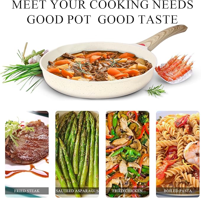 Vinchef 8 Inch White Nonstick Skillet, French Cream Shallow Fry Pan, Induction Compatible, Scratch-Resistant Ceramic Coating