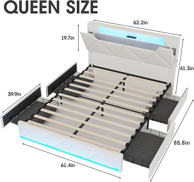 Vabches Queen Bed Frame with Storage Headboard and 4 Drawers,Upholstered Platform with Charging Station and Led Lights,Adjustable Headboard,No Box Spring Needed,Beige