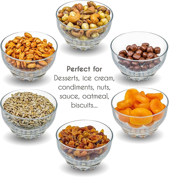 Volarium Glass Bowls Set for Kitchen Prep, Dessert, Snack, Fruit, or Nuts - 9.5 Ounce Capacity Dip Bowls, Set of 6, Premium Quality Clear