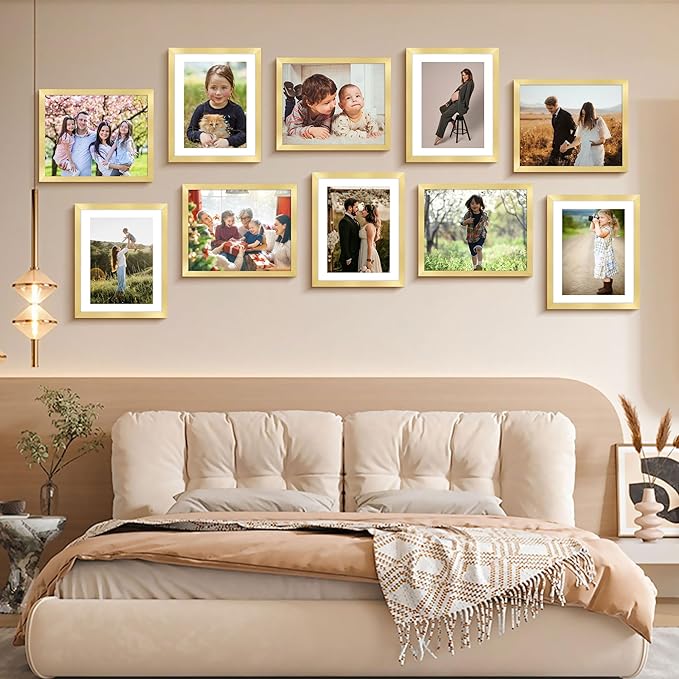 FIXSMITH 8x10 Picture Frame Bulk-6 Pack, Gold Picture Frames Collage Wall Decor, Wall & Tabletop Picture Frames, Photo Frame with HD Plexiglass, Display Pictures 5x7 with Mat or 8x10 Without Mat