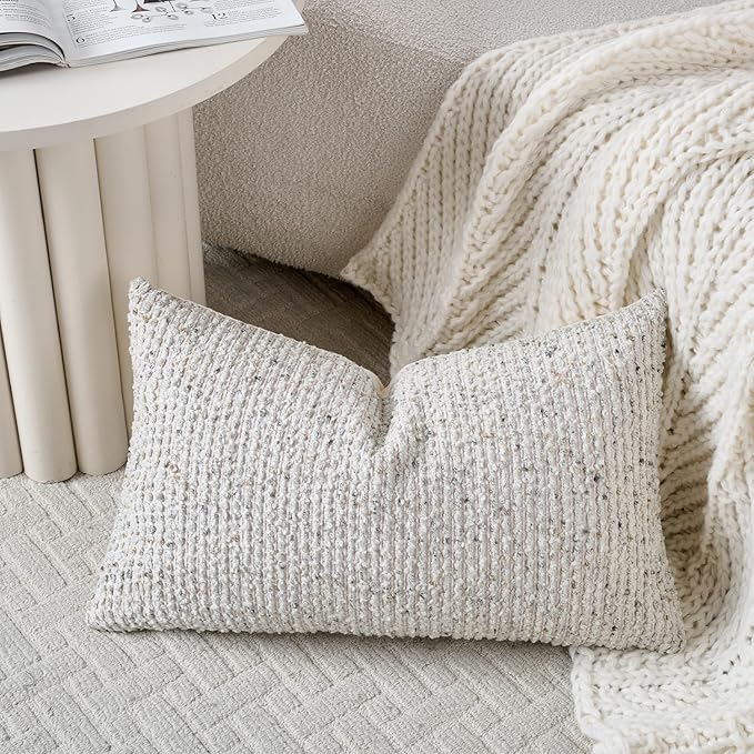 Striped Throw Pillow Covers 12x20 Set of 2 Cream Grey Textured Boucle Chic Morden Boho Accent Farmhouse Rectangular Lumbar Decorative Couch Pillow Covers for Home Decor Bed Sofa Living Room