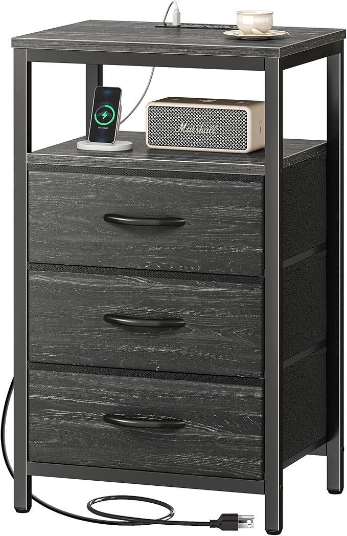Huuger Nightstand with Charging Station, 27.6 Inch End Table Bedside Table with USB Ports and Outlets, Night Stand for Bedroom, Fabric Drawers, Charcoal Black Wood Grain Print