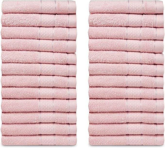 Casa Lino Face Towels & Body Wash Cloths for Showering - 100% Cotton Wash Cloths for Bathroom - Highly Absorbent & Quick Drying Washcloth Set - Cotton Washcloths 24 Pack (12" x 12") - (Blush Pink)