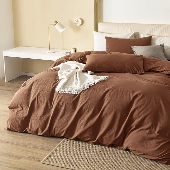 JIYUAN 100% Washed Cotton Duvet Cover Set 3 Pieces Full, 1 Duvet Cover 80x90 Inches(Comforter Not Included) and 2 Pillowcases,Linen Feel Bedding Set Comfy and Breathable,Burnt Orange