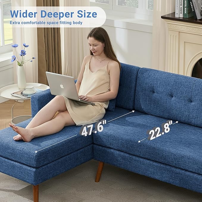 Tbfit L Shaped Couch Sofa, 80" W Mid-Century Modern Sectional Couches, 3 Seater Sofas with Wide Chaise Lounge & Two Pillows,Button Tufted Upholstered Sectional Sofa for Living Room, Bedroom, Blue