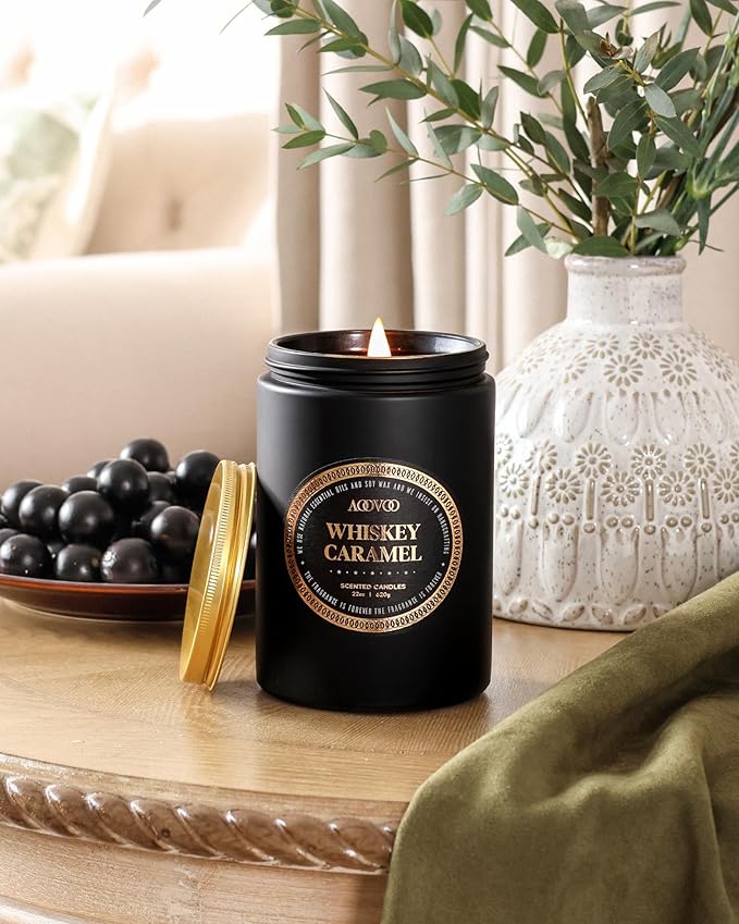 AOOVOO Scented Candles for Men - Large 22oz 120 Hours of Burn Time, Whiskey Caramel Candles for Home Scented | Crackling Wood Wick Soy Candle | Strong Fragranced Black Candle Gift for Women & Men
