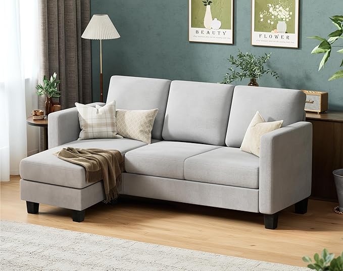 VICTONE Convertible Sectional Sofa Couch, 3 Seat L-Shaped Sofa with Linen Fabric Ottoman Small Couch for Small Apartments, Living Room and Office (Linen Fabric, Light Gray)