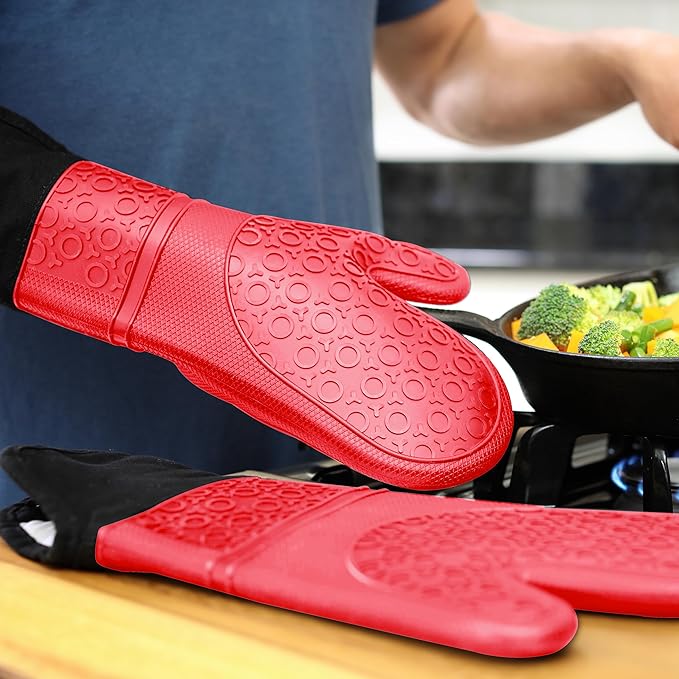 BPA-Free Soft Silicone Oven Mitts - Ultra Heat Resistant Oven Mitts with Thick Cotton Liner - Extra Long Slip Resistant Pot Holders, Flexible Oven Gloves - Red/Black 14.7"