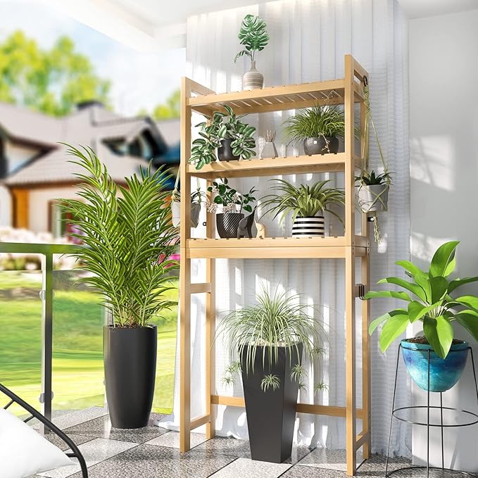 Homykic Over The Toilet Storage, 3-Tier Bamboo Bathroom Shelf with 3 Hooks, Above Toilet Organizer Rack Freestanding for Small Space, Restroom, Laundry, Easy Assembly, Natural