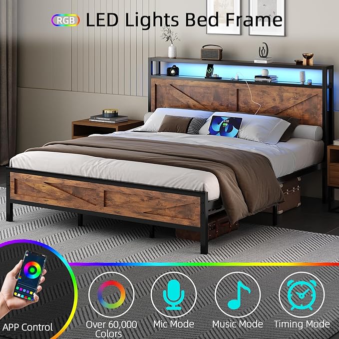 King Bed Frame with LED Lights and Charging Station, Metal Platform Bed King Size with 2-Tier Rustic Barn Door Storage Headboard, Noise-Free, No Box Spring Needed, Easy Assembly, Rustic Brown