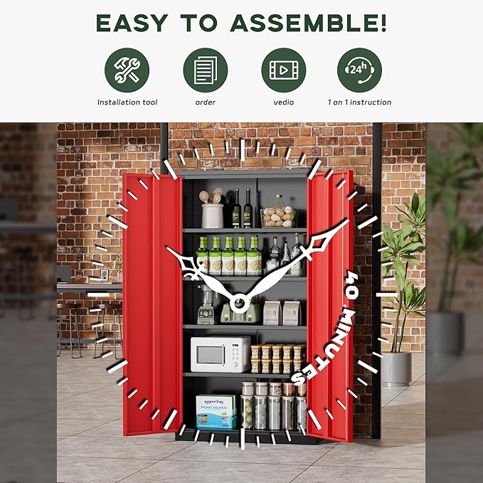 Greenvelly Metal Garage Storage Cabinet with Doors and Adjustable Shelves,72" Steel Lockable File Cabinet for Home Office,Garage,School(Black Red,32" W x 16" D)