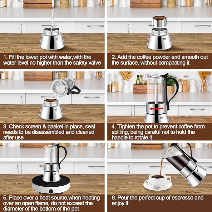 6 Cup Glass Transparent Moka Pot Stainless Steel Uncoated Stovetop Espresso Maker Italian Coffee Makers Mocha Greca Machine Cafe Classic Induction Cookers for Home Camping 350ml