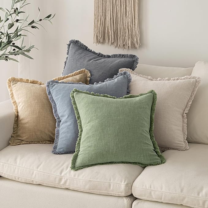MIULEE Decorative Throw Pillow Covers Neutral Linen Fringe Throw Pillows Euro Shams Set of 2 Sage Green Boho Farmhouse Cushion Covers for Couch Sofa Bed Living Room Spring Home Decor 22x22 Inch