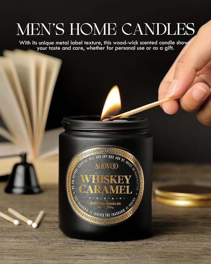 AOOVOO Scented Candles for Men - Premium Whiskey Caramel Candle for Home Scented | Crackling Wood Wick Soy Candles | Strong Fragranced Masculine Black Jar Candle Gift for Women & Men, AO-LZY0157