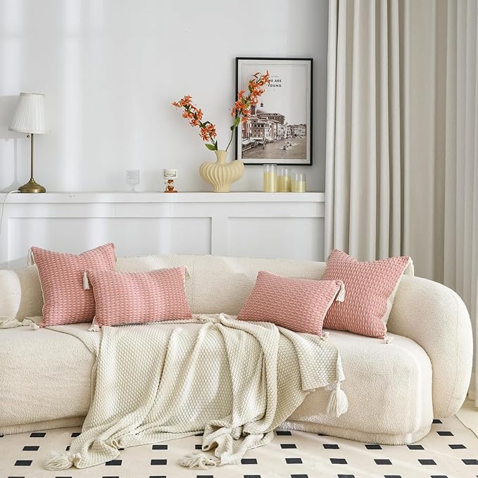 sykting Boho Outdoor Pillow Covers 20x20 Set of 2 Thick Woven Pink Throw Pillow Covers with Tassels for Couch Sofa Living Room
