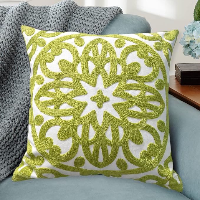 Alysheer Embroidered Summer Decorative Throw Pillow Covers 18"x18", Classic Boho Mandala Green Pattern Cotton Canvas Chic Accent Cushion Cases for Sofa Couch Bed Living Room Decor (Chartreuse Green)