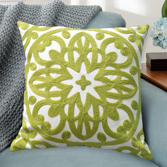 Alysheer Embroidered Decorative Throw Pillow Cover 20"x 20", Boho Mandala Modern Thick Embroidery Pattern, Cotton Canvas Avacado Green Cushion Case for Sofa Couch Bed Living Room (Chartreuse Green)