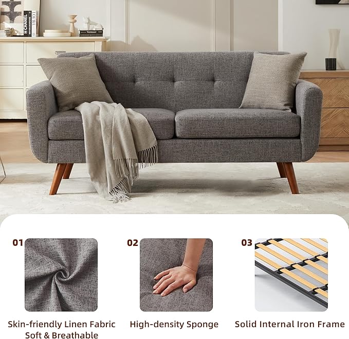 Tbfit 65" W Loveseat Sofa, Mid Century Modern Love Seat Couches for Living Room, Button Tufted Upholstered Small Couch for Bedroom, Solid and Easy to Install Love Seats Furniture, Grey