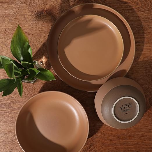 Gibson Elite Laguna Bliss 16 Piece Stoneware Reactive Glaze (Service for 4) Ceramic Plates and Bowls Dinnerware Set - Matte Clay W/Terracotta Bottom