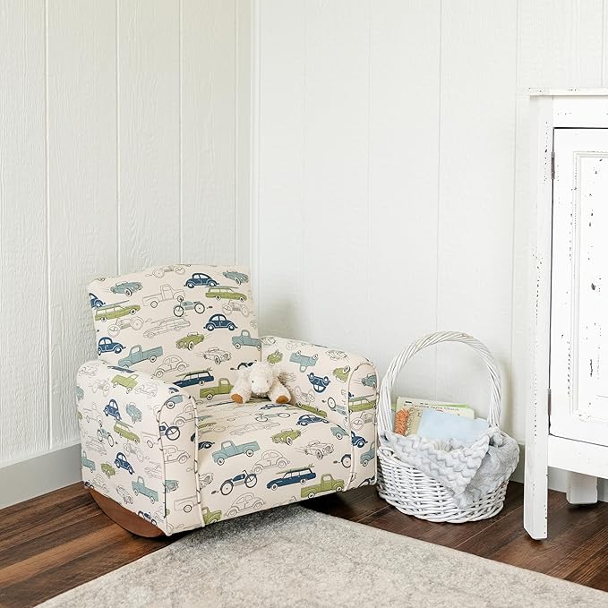 Kid Rocking Chair for Toddlers, Child Chair for Little Kids, Upholstered Toddler Armchair for Children, Comfy and Cute Little Kid Chairs (Rockers, Cars & Trucks Print)