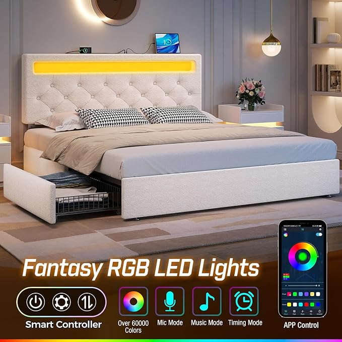 Rolanstar Full Size Bed Frame with Charging Station and LED Lights, Upholstered Bed with Adjustable Headboard and 4 Storage Drawers, No Box Spring Needed, Easy Assembly, White