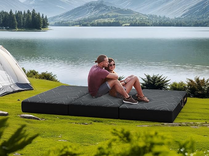 Vamcheer Tri Folding Mattress, 6 inch King Foldable Mattress, Tri-fold Memory Foam Mat with a Collapsible and Washable Cover, Handle & Non-Slip Bottom, for Travel/Guest, 80"x76"x6", Grey