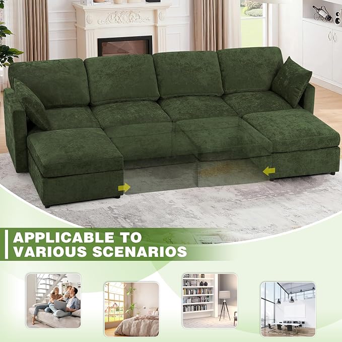 110” Chenille 4 Seats Sofa W/2 Movable Ottoman, Modern Fabric U-Shaped Couch with Soft Backrest, Upholstered Sectional Sofa with Armrest Pillows for Living Room, Office, Green