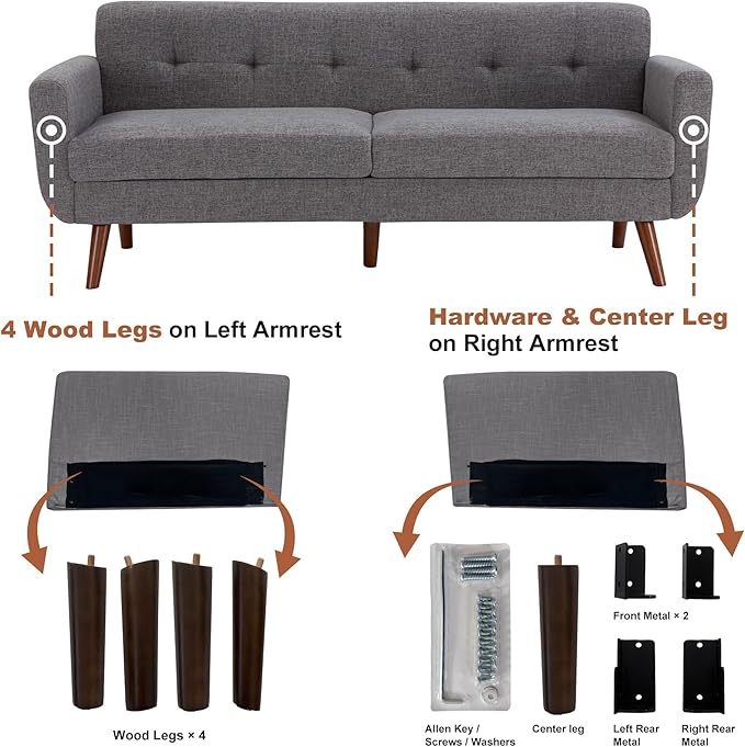 Kingfun 77.2" W Loveseat Sofa, Mid Century Modern Decor Love Seat Couches for Living Room, Button Tufted Upholstered Furniture, Solid & Easy to Install Small Couch for Bedroom Office Apartment, Gray