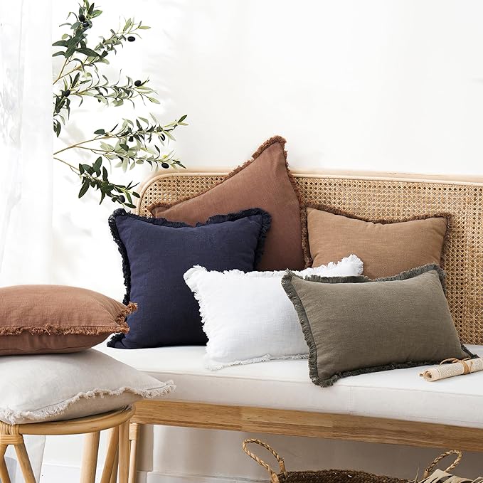 Foindtower Set of 2 Decorative Linen Fringe Throw Pillow Covers Cozy Boho Farmhouse Cushion Cover with Tassels Soft Accent Pillowcase for Couch Sofa Bed Living Room Home Decor, 26×26 Inch, Khaki Brown