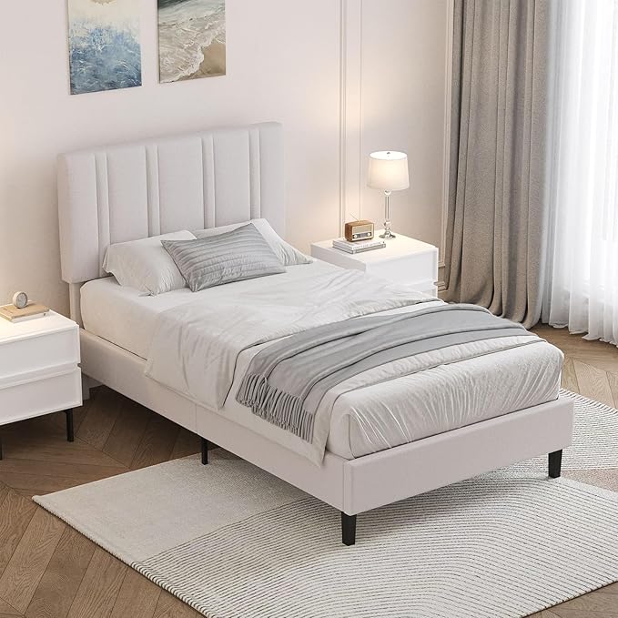 Twin Bed Frame, Upholstered Platform Bed with Button Tufted Headboard, White Bed Frame Twin Size for Kids Girls Boys, No Box Spring Required, Easy Assembly, White
