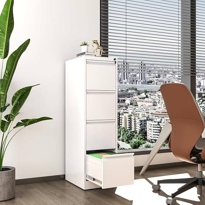 File Cabinet, Vertical File Cabinets with Lock for Home Office,Heavy Duty Office Steel Filing Cabinet for Hanging Letters/Legal/A4, Assembly Required (White, 4 Drawers)