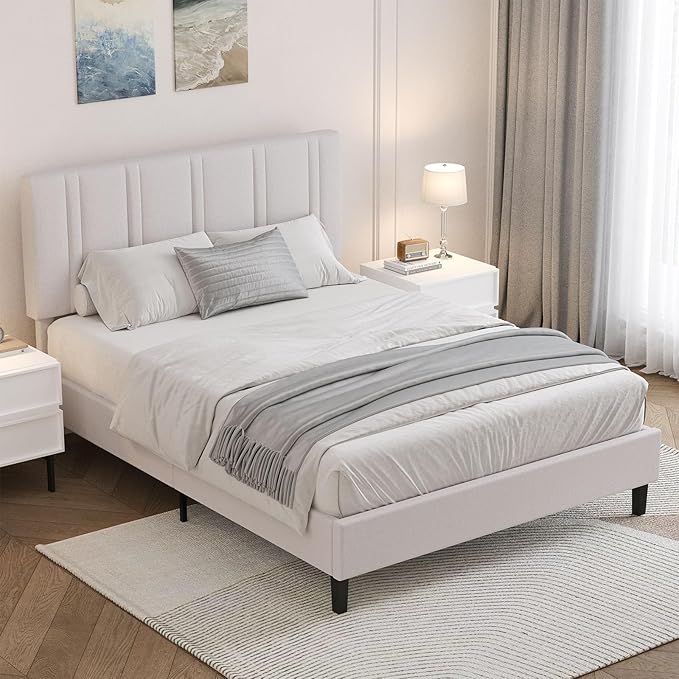 Full Bed Frame, Upholstered Platform Bed with Button Tufted Headboard, White Bed Frame Full Size, No Box Spring Required, Easy Assembly, White