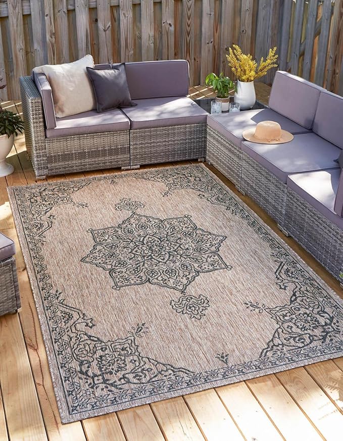 Unique Loom Outdoor Traditional Collection Area Rug - Antique (7' 10" x 10' Rectangle Beige/Black)