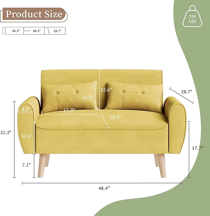 Vongrasig 47" Small Modern Loveseat Sofa, Mid Century Linen Fabric 2-Seat Sofa Couch Tufted Love Seat with Back Cushions and Tapered Legs for Living Room, Bedroom and Small Space (Yellow)