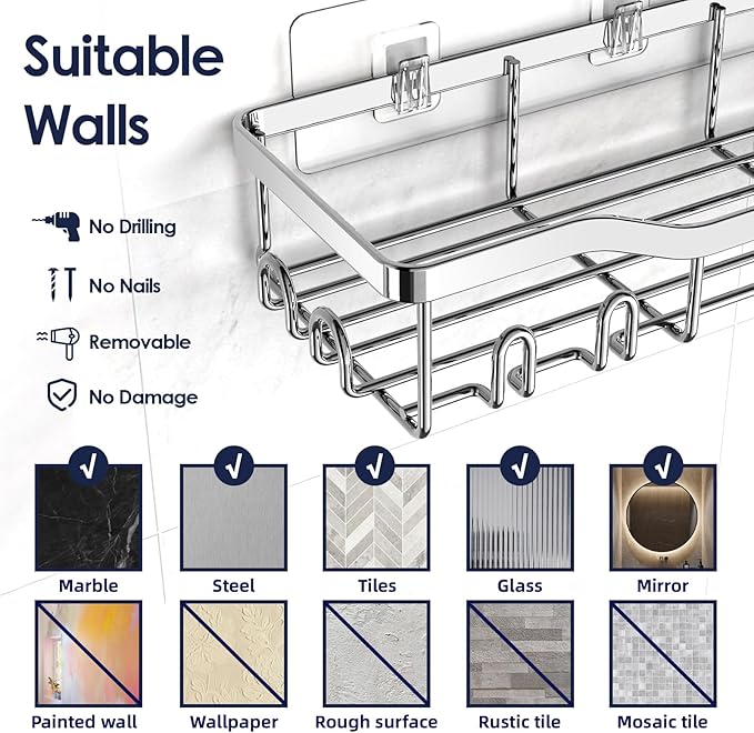 Shower Caddy Adhesive Shower Organizer 7-Pack, Rustproof Stainless Steel Bathroom Shelves, Large Capacity No-Drill Rack Storage Accessories with Soap Dish Toothbrush Holder Hooks (Silver)