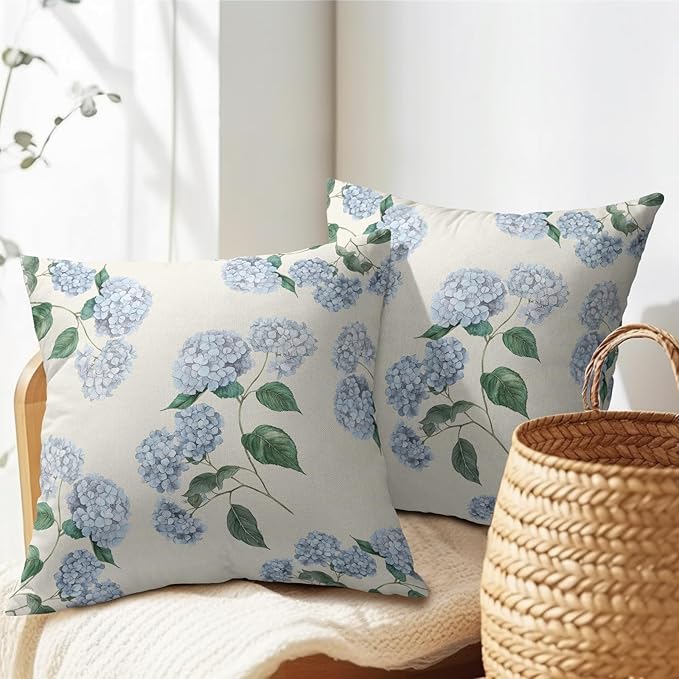 Kawani Blue Hydrangea Pillow Covers 22x22 Inch Set of 2 Blue Floral Outdoor Decorative Throw Pillow Covers Rustic Flower Pillowcases Spring Summer Cushion Covers for Home Couch Decor