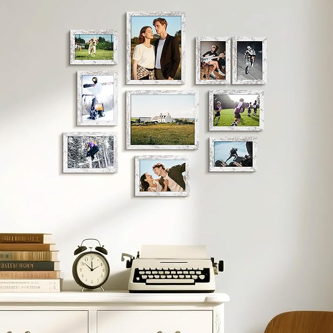 upsimples 10 Pack Picture Frames Collage Wall Decor for Mounting or Tabletop Display, Photo Gallery Frame Set for Family, Multi Sizes Including 8x10, 5x7, 4x6, Rustic White