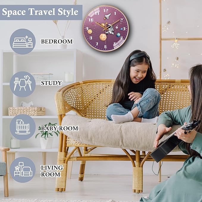 12 Inch Silent Movement Kids Wall Clock, Non Ticking Children Round Wall Clock Battery Operated Space Travel Style Decor Children Clock for Home School Girls Bedroom Living Room (Pink)