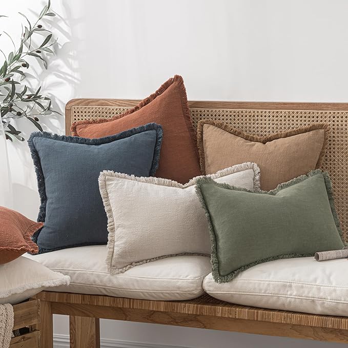 MIULEE Decorative Throw Pillow Covers Neutral Linen Fringe Throw Pillows Euro Shams Set of 2 Natural Beige Boho Farmhouse Cushion Covers for Couch Sofa Bed Living Room Spring Home Decor 26x26 Inch